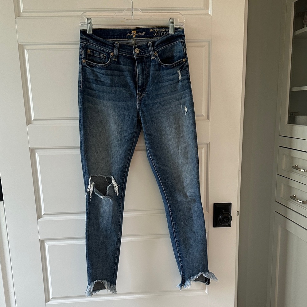 7 For All Mankind Dark Blue Distressed Skinny Jeans